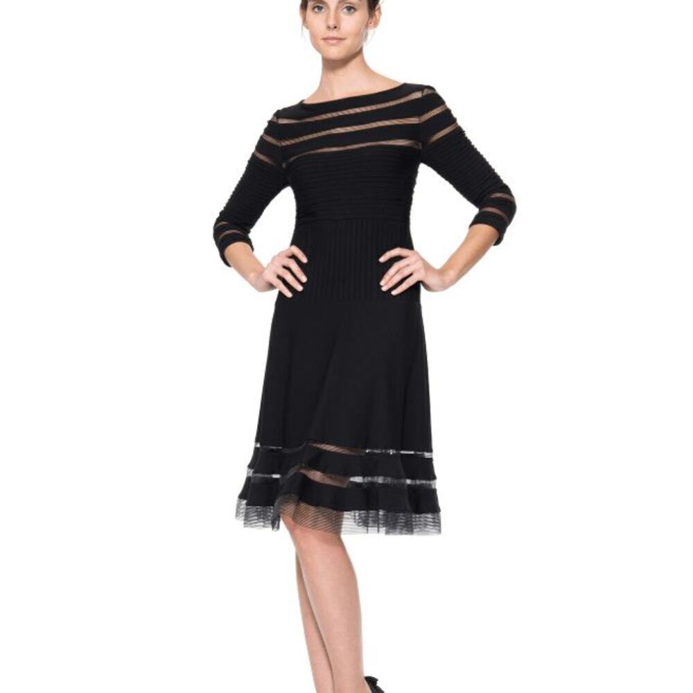 Tadashi Shoji Cutout Jersey 3/4 Sleeve Cocktail Dress Black Mesh Stretch Size XL